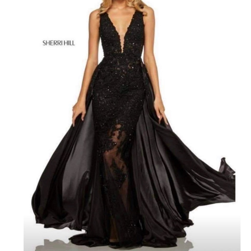Sherri hill black dress gown train 52599 black 2